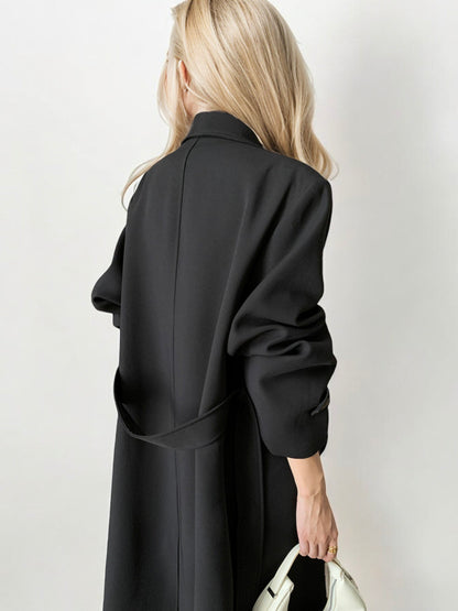 Long Waterfall Lapel Trench Coat with Button Cuffs and Open Front