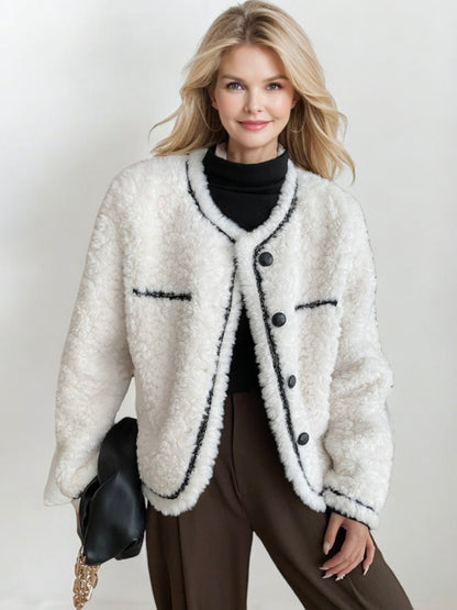 Button-Front Sherpa Jacket with Contrast Piping and Long Sleeves