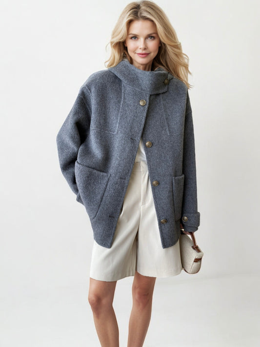 High Collar Wool Blend Coat with Button Front and Patch Pockets