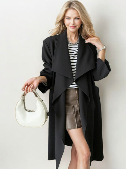 Long Waterfall Lapel Trench Coat with Button Cuffs and Open Front