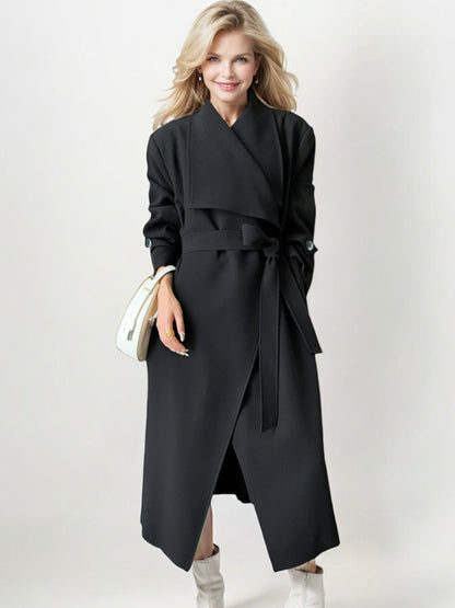 Long Waterfall Lapel Trench Coat with Button Cuffs and Open Front