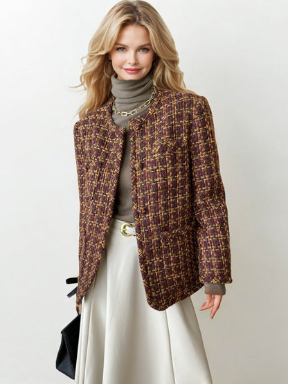 Long Sleeve Tweed Jacket with Front Pockets and Round Neckline