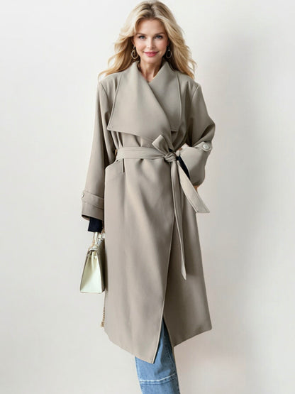 Long Waterfall Lapel Trench Coat with Button Cuffs and Open Front