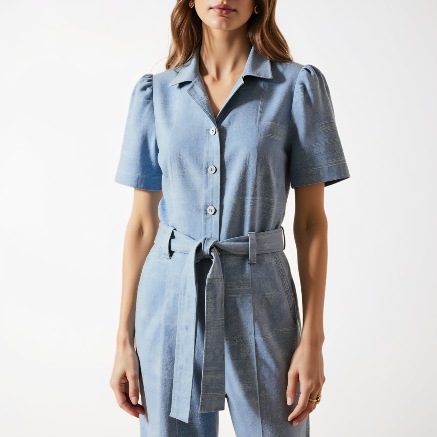 Paisley Print Belted Jumpsuit with Short Sleeves and Button Front