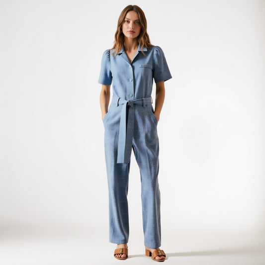 Paisley Print Belted Jumpsuit with Short Sleeves and Button Front
