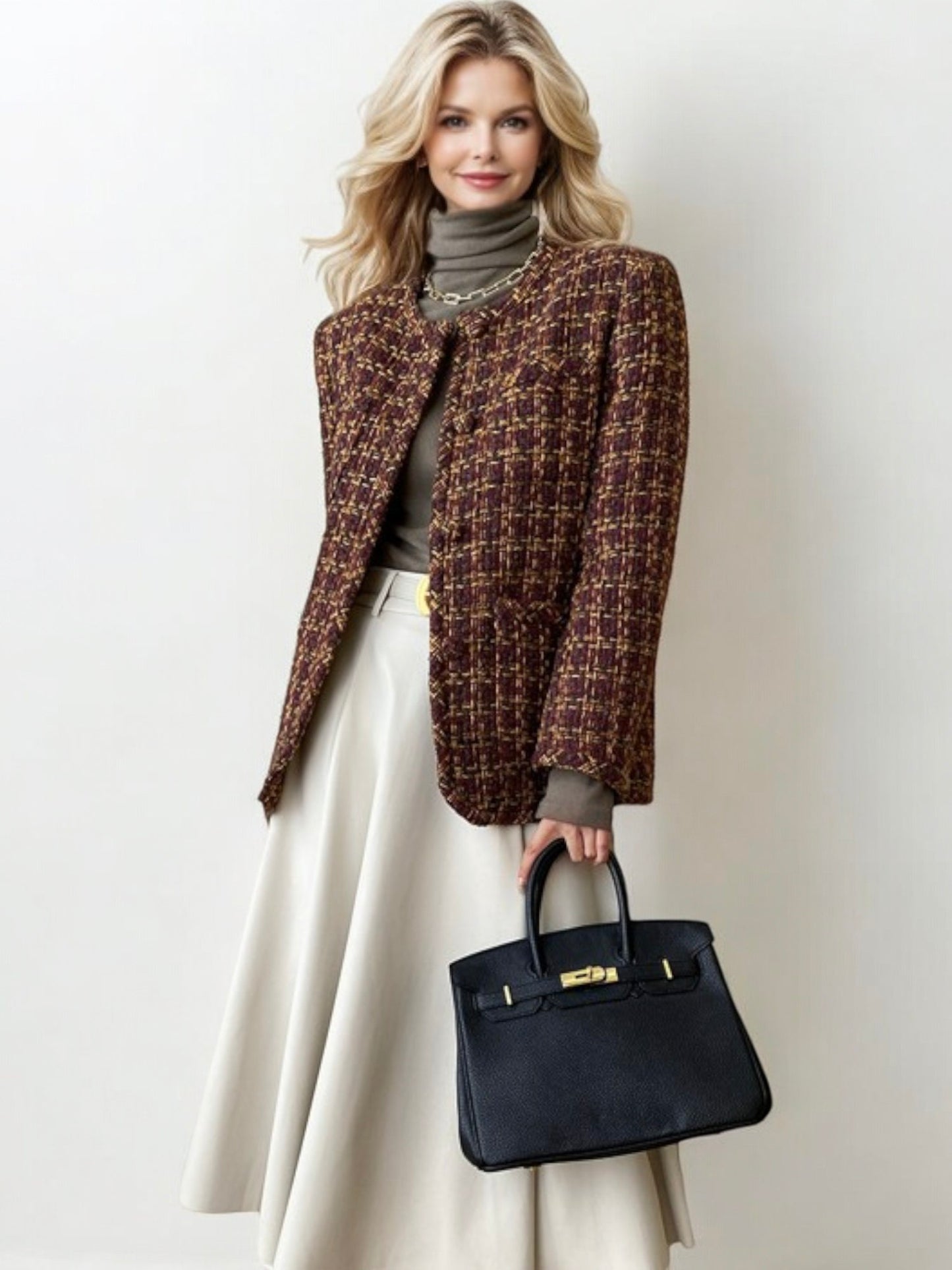 Long Sleeve Tweed Jacket with Front Pockets and Round Neckline