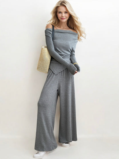 Off-Shoulder Long Sleeve Top with Wide-Leg Pants Two-Piece Set