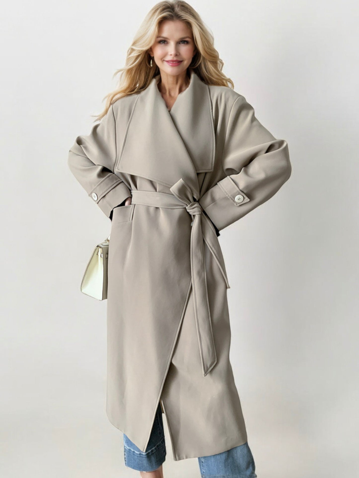 Long Waterfall Lapel Trench Coat with Button Cuffs and Open Front