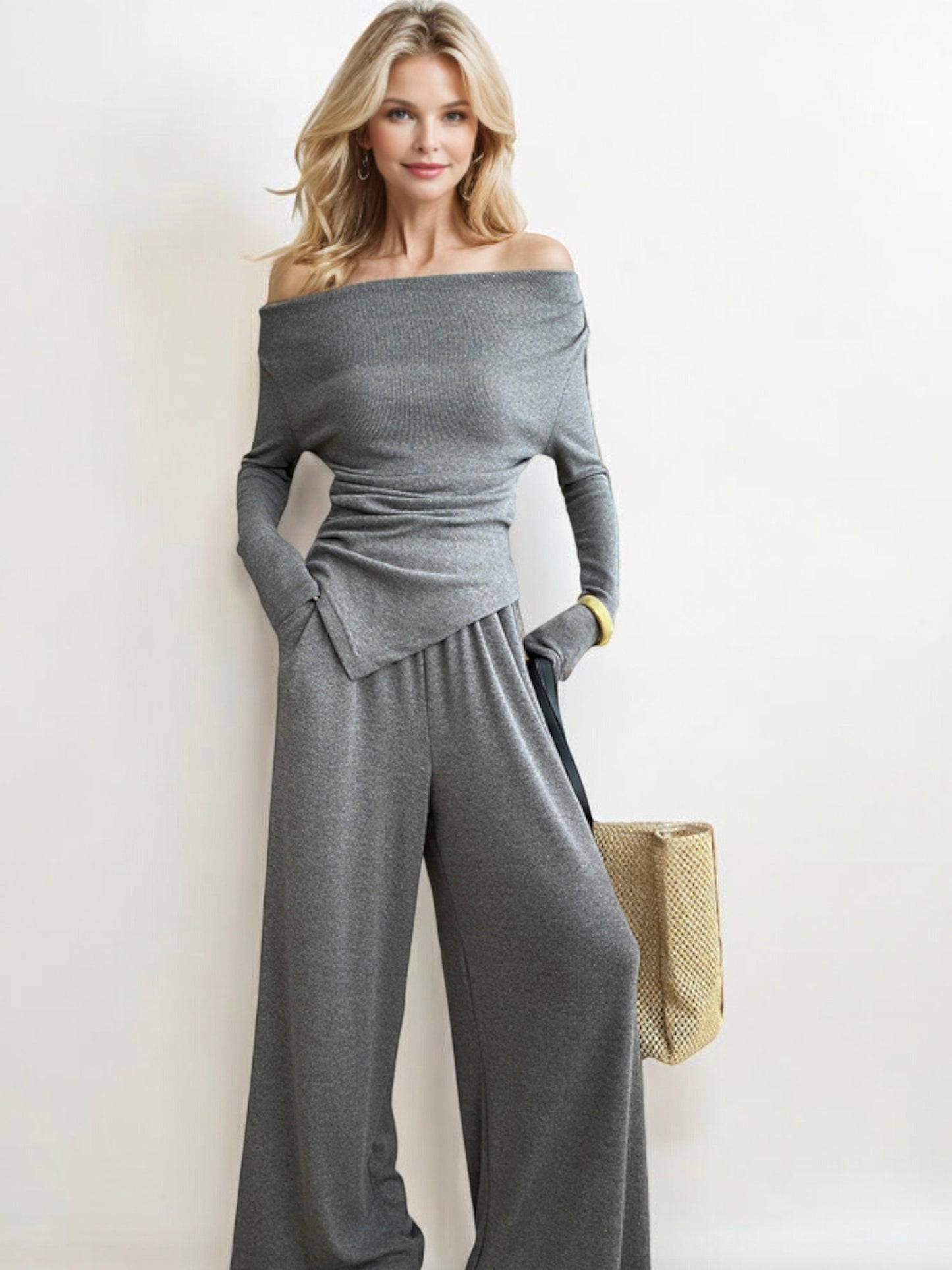 Off-Shoulder Long Sleeve Top with Wide-Leg Pants Two-Piece Set