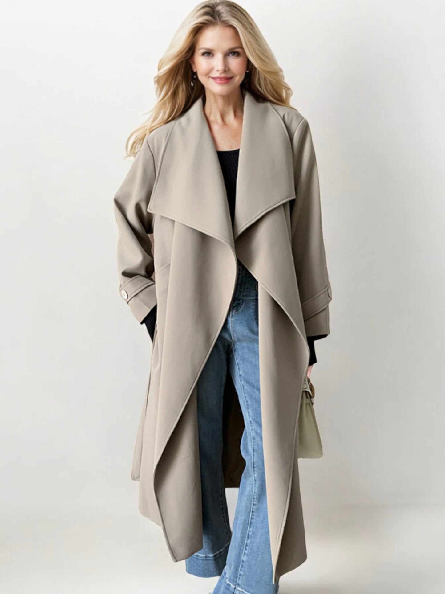 Long Waterfall Lapel Trench Coat with Button Cuffs and Open Front