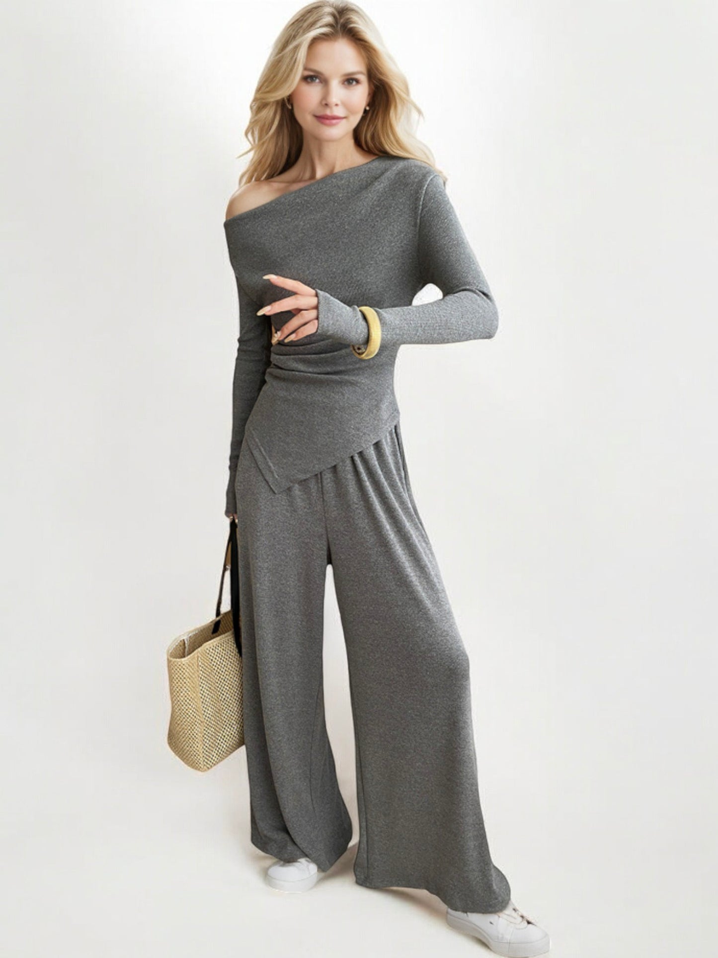 Off-Shoulder Long Sleeve Top with Wide-Leg Pants Two-Piece Set