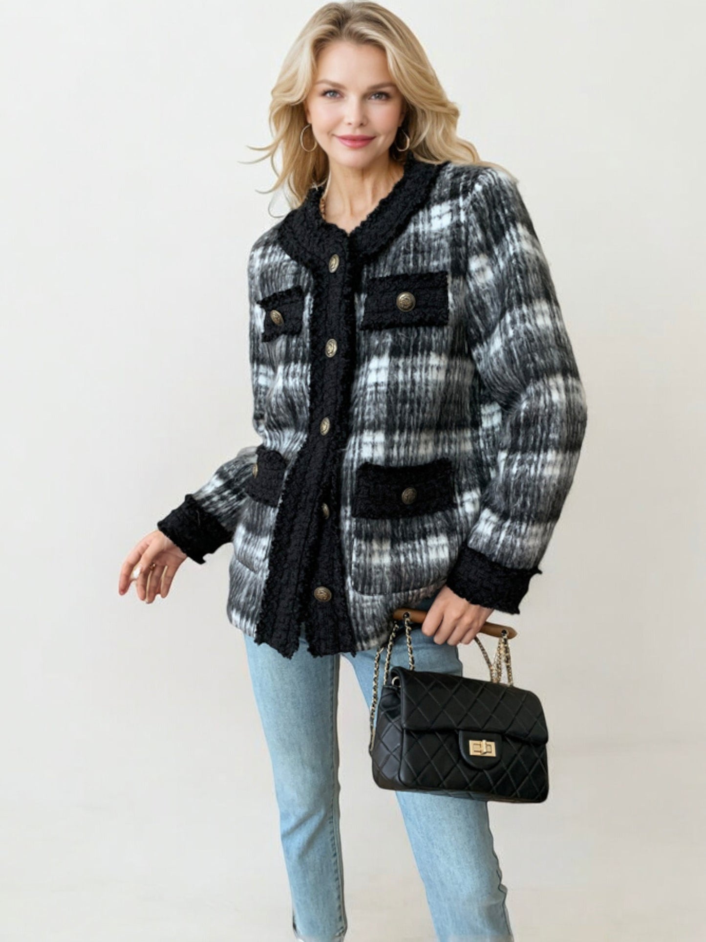 Plaid Knit Jacket with Textured Trim and Front Pockets