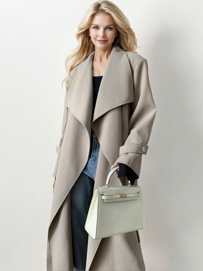 Long Waterfall Lapel Trench Coat with Button Cuffs and Open Front