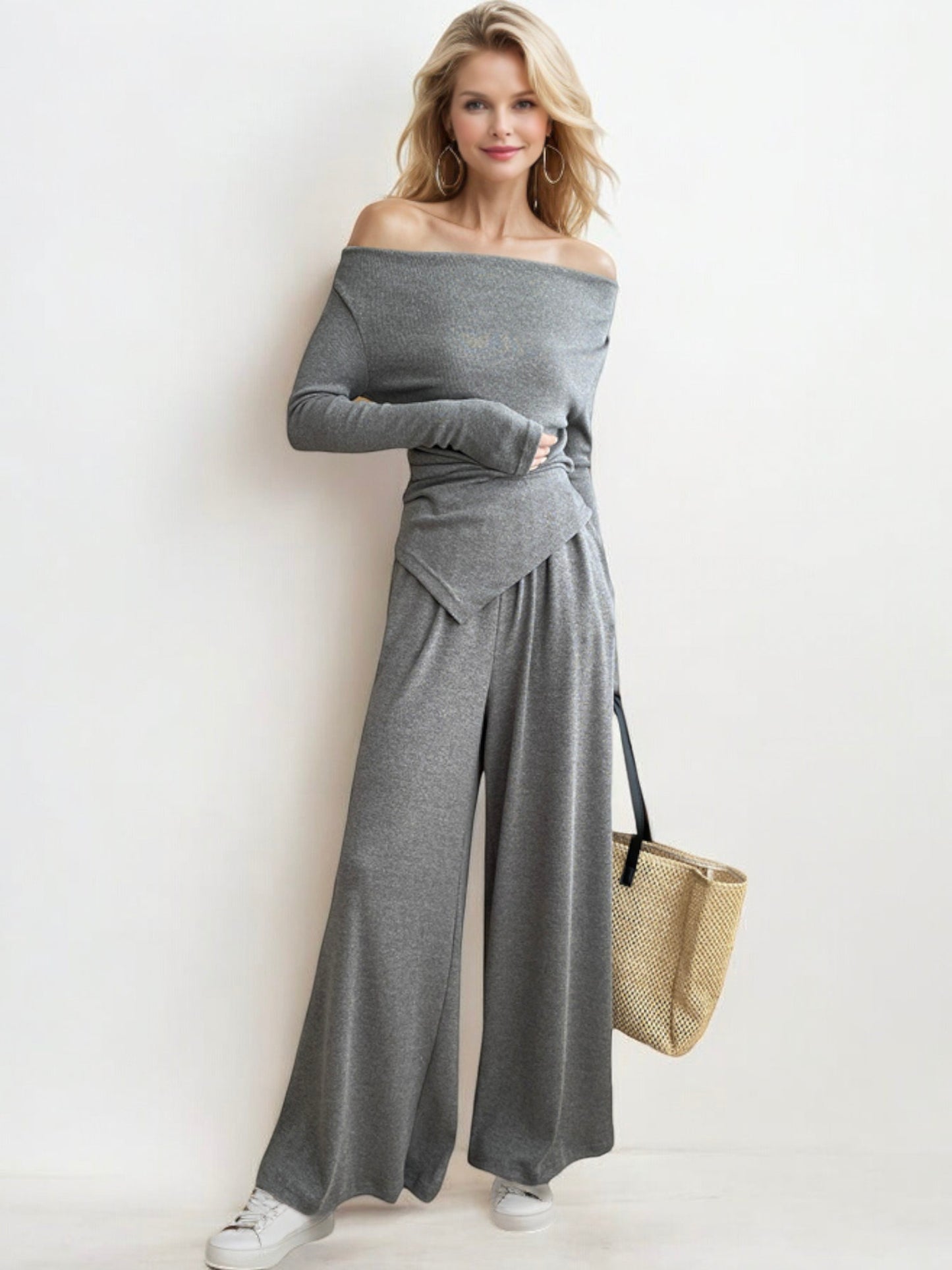 Off-Shoulder Long Sleeve Top with Wide-Leg Pants Two-Piece Set