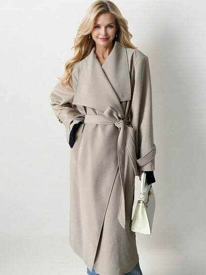 Long Waterfall Lapel Trench Coat with Button Cuffs and Open Front