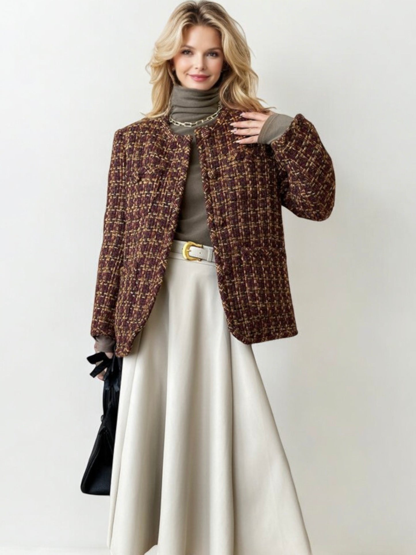 Long Sleeve Tweed Jacket with Front Pockets and Round Neckline