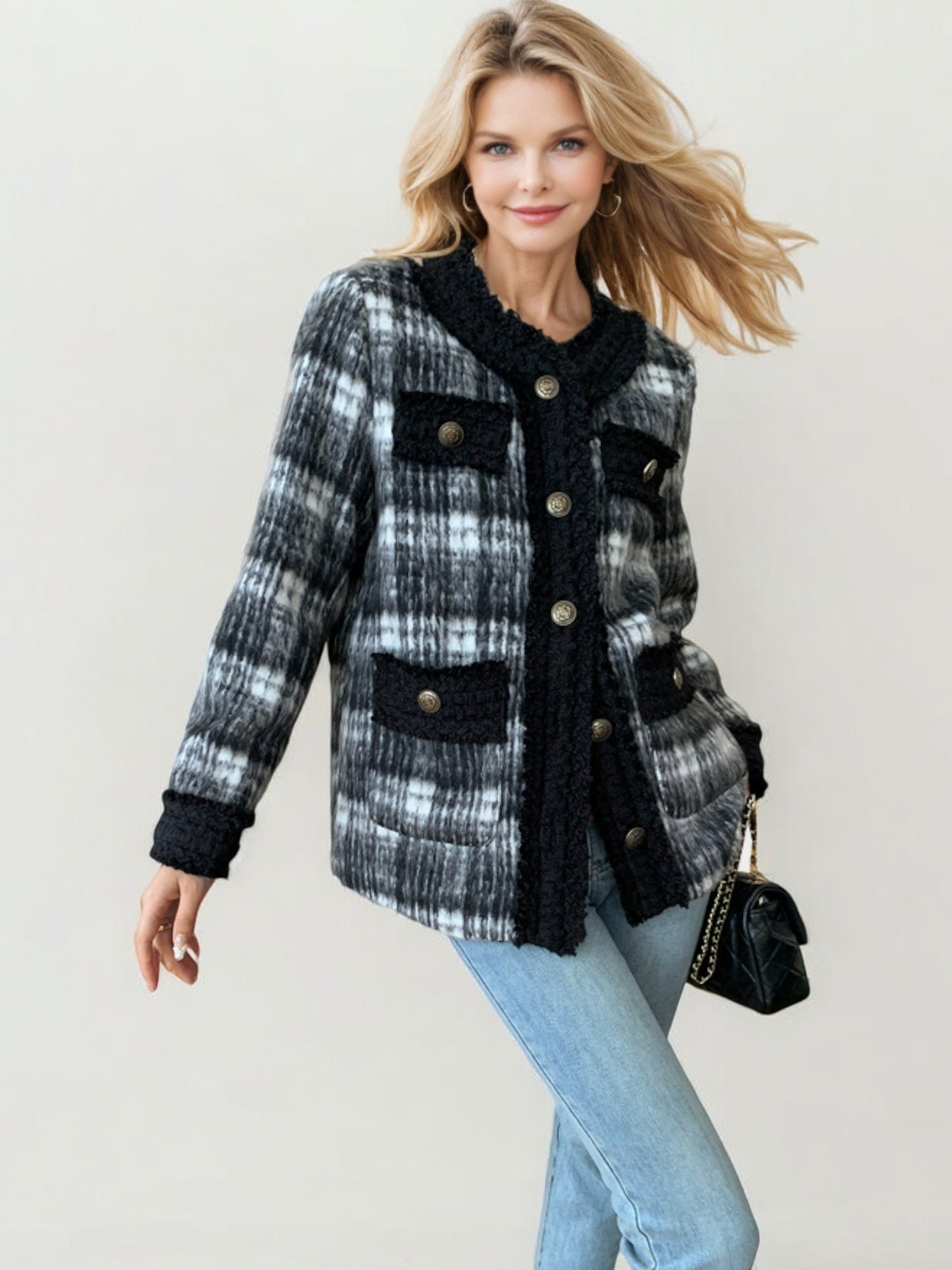 Plaid Knit Jacket with Textured Trim and Front Pockets