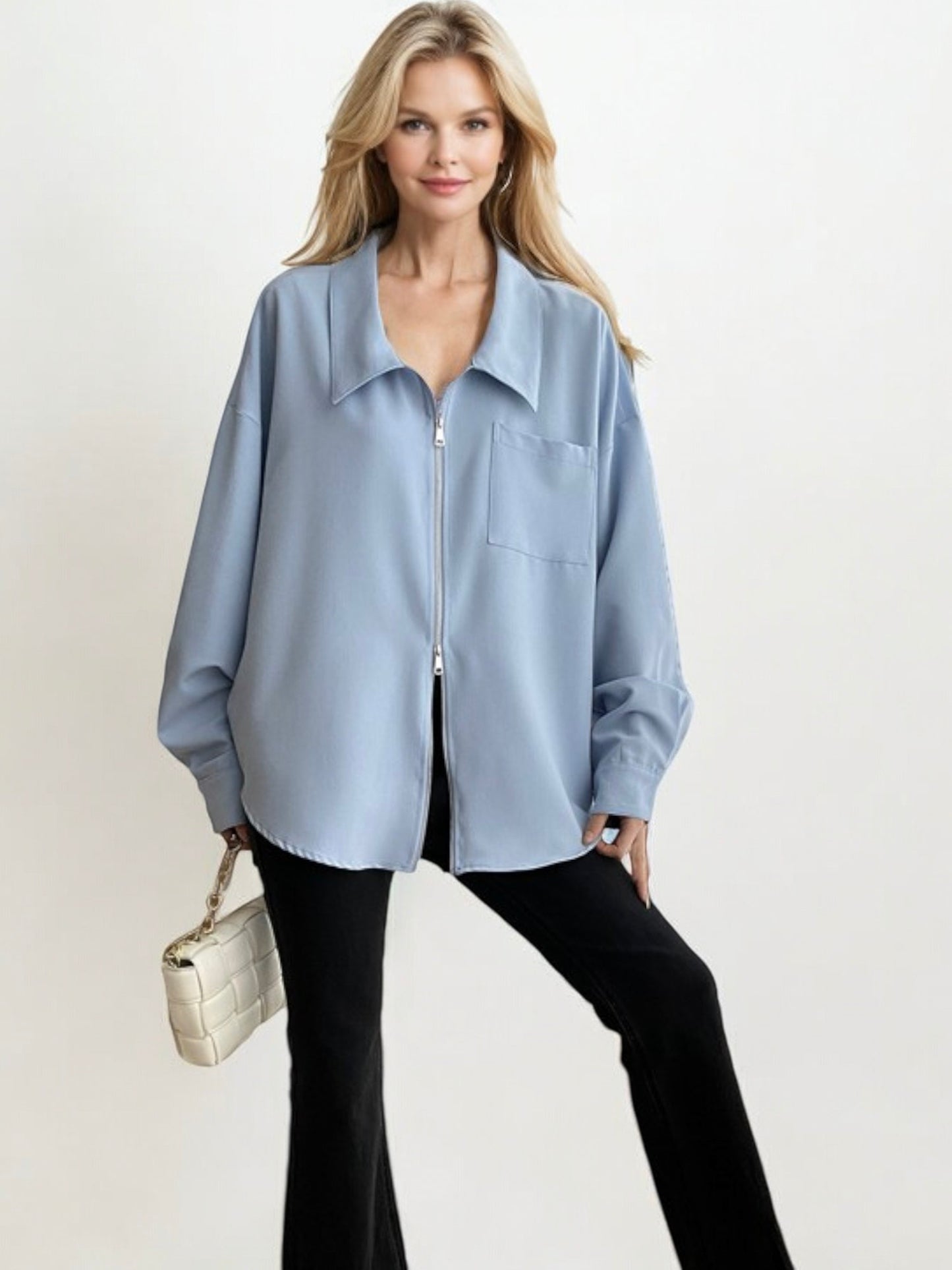 Oversized Zip-Up Collared Shirt with Front Pocket