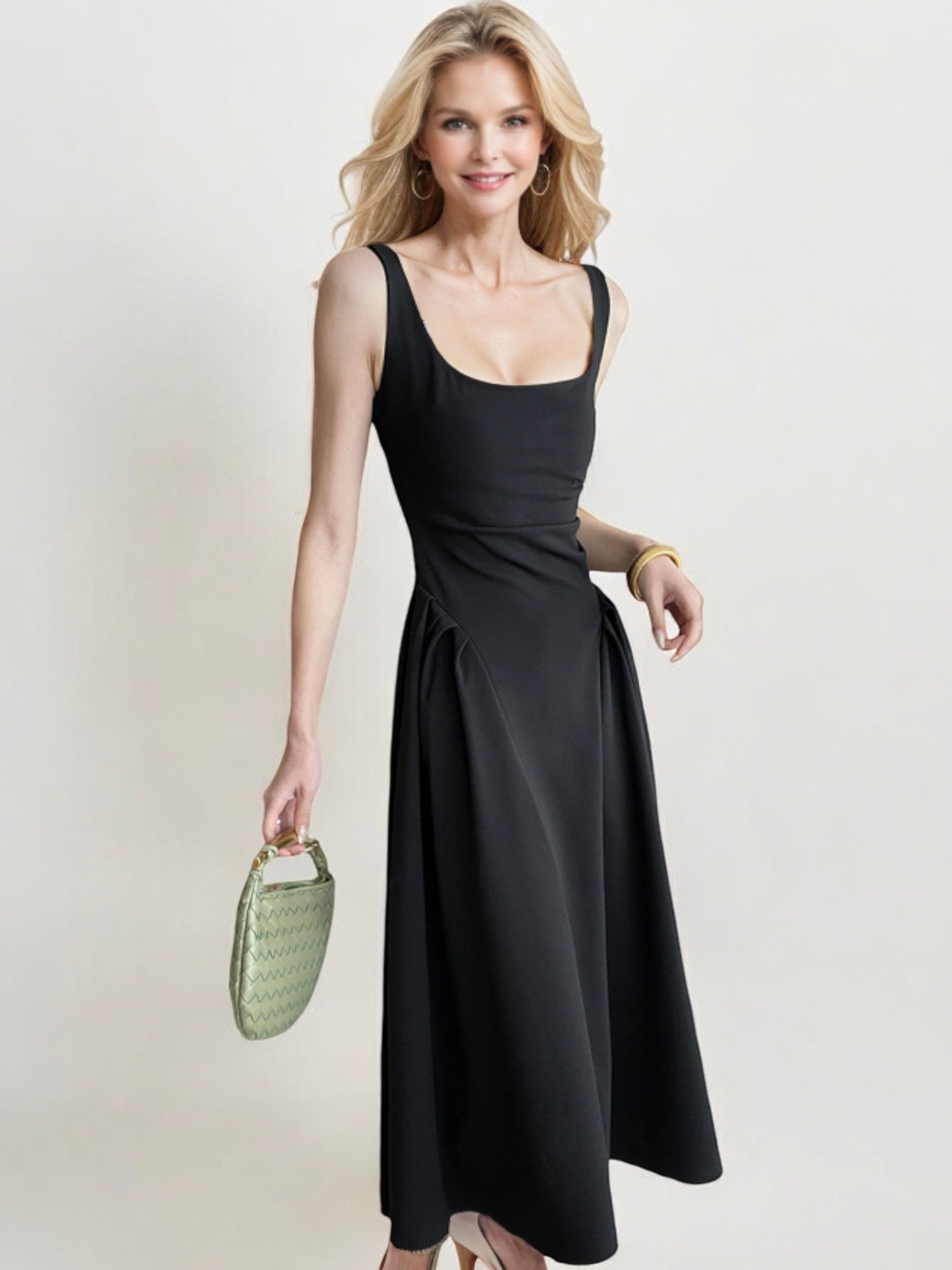 Sleeveless Fit-and-Flare Midi Dress with Scoop Neckline and Pleated Skirt