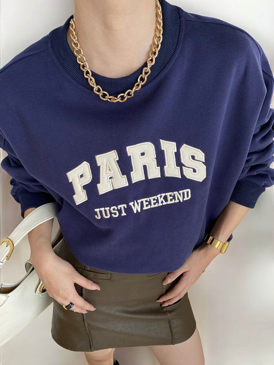 Oversized "Paris Just Weekend" Graphic Sweatshirt with Ribbed Cuffs