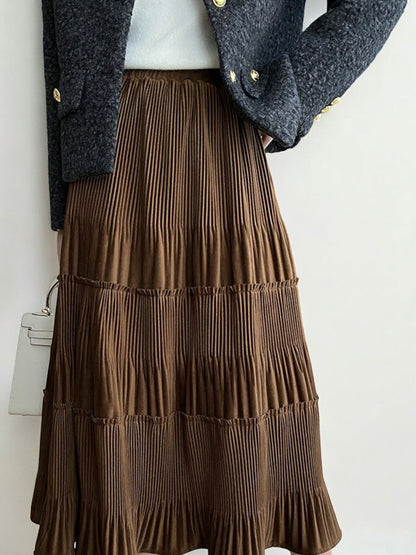 Tiered Pleated Midi Skirt with Elastic Waist and Flounce Hem