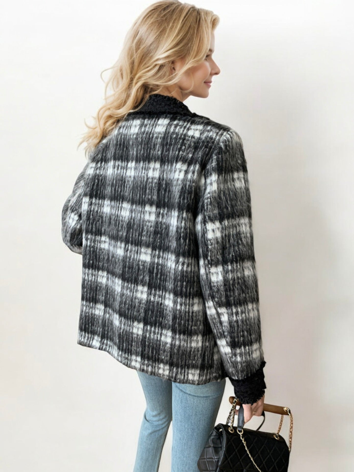 Plaid Knit Jacket with Textured Trim and Front Pockets