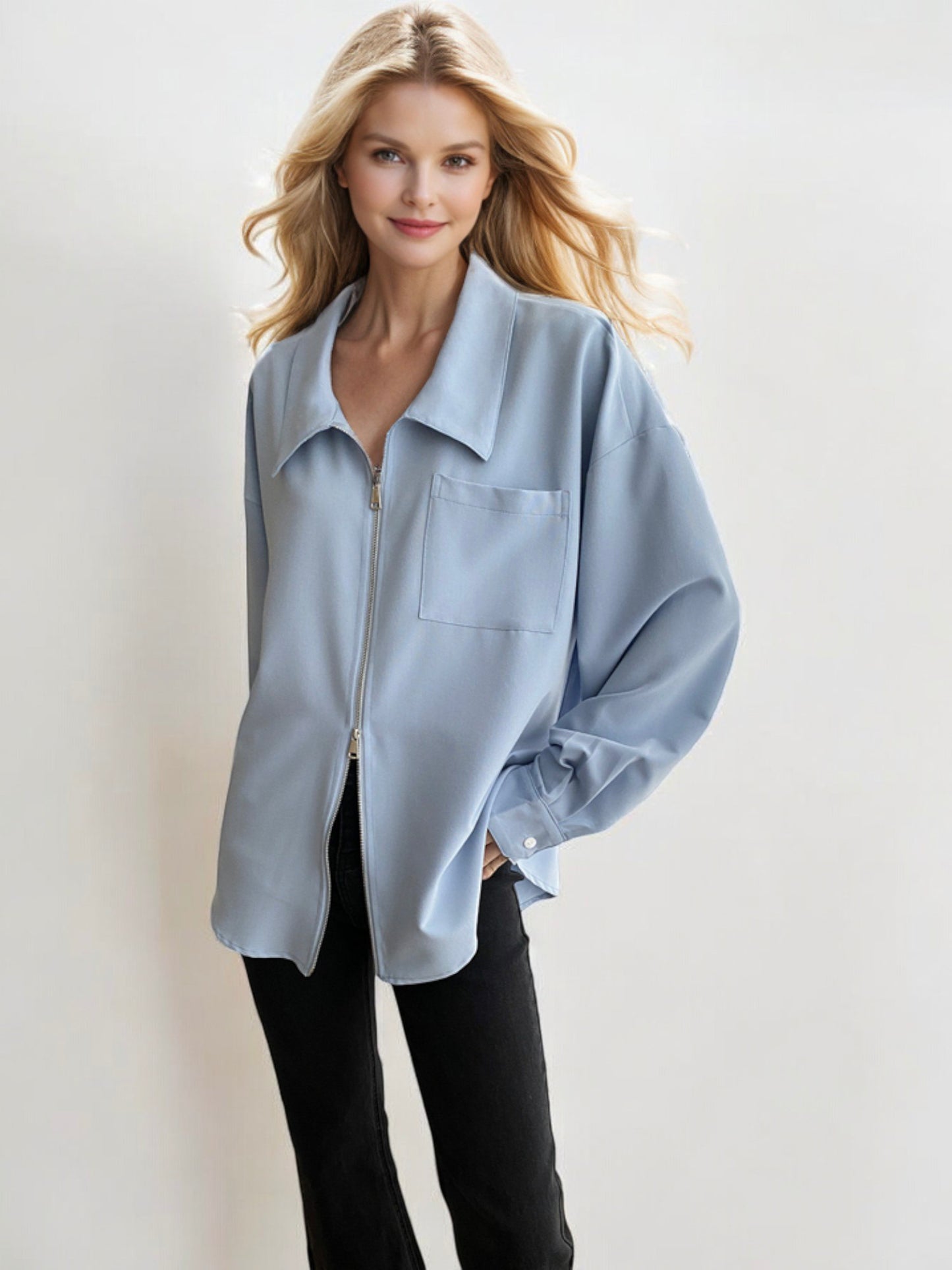 Oversized Zip-Up Collared Shirt with Front Pocket