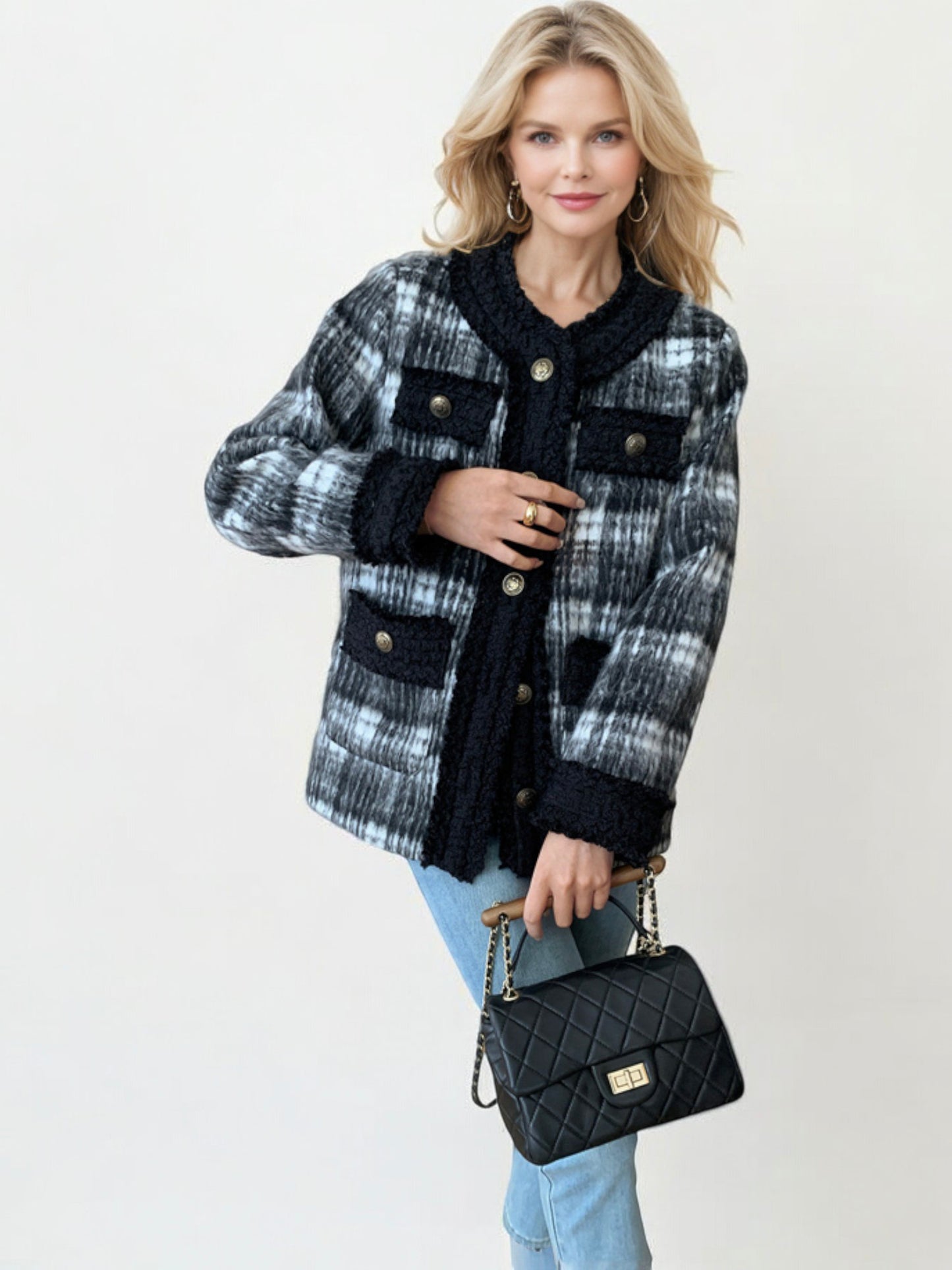 Plaid Knit Jacket with Textured Trim and Front Pockets