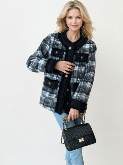 Plaid Knit Jacket with Textured Trim and Front Pockets