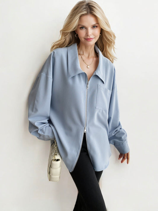 Oversized Zip-Up Collared Shirt with Front Pocket