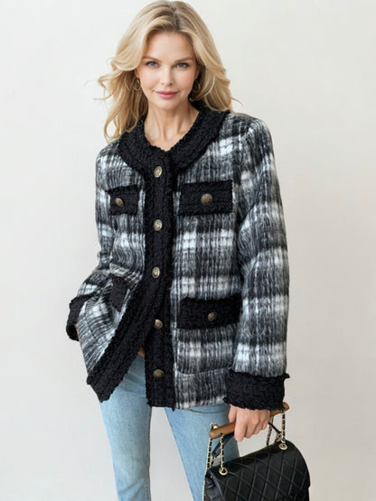 Plaid Knit Jacket with Textured Trim and Front Pockets