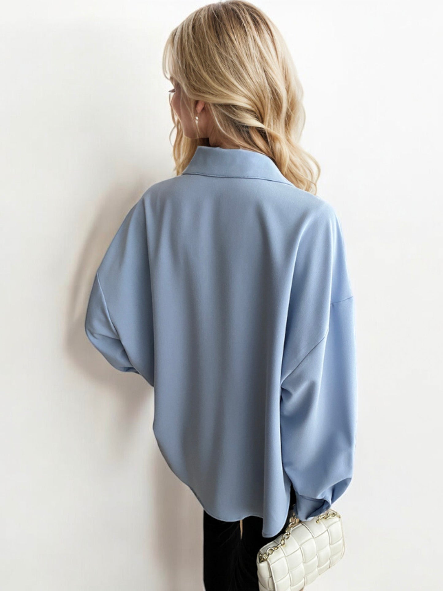 Oversized Zip-Up Collared Shirt with Front Pocket