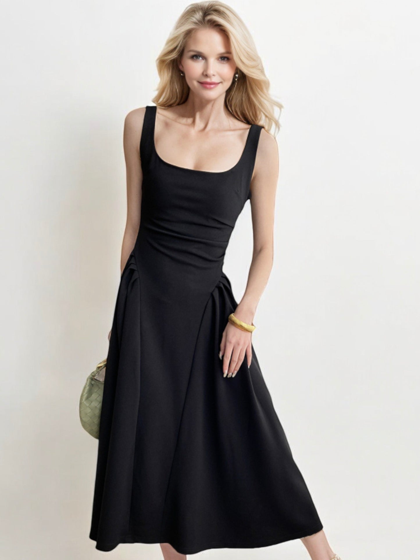 Sleeveless Fit-and-Flare Midi Dress with Scoop Neckline and Pleated Skirt