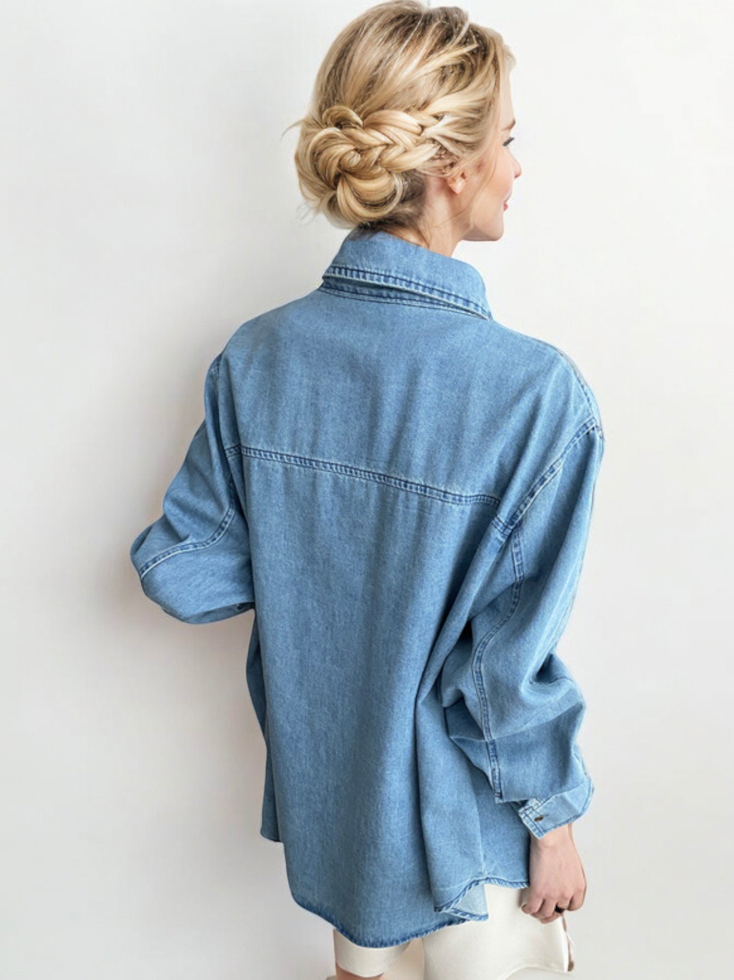 Oversized Denim Button-Down Shirt with Front Pockets