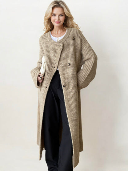 Long Ribbed Knit Cardigan with Asymmetrical Button Closure and Oversized Sleeves