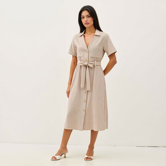 Striped Button-Down Midi Dress with Waist Tie and Collared Neckline