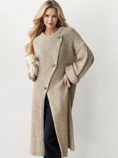 Long Ribbed Knit Cardigan with Asymmetrical Button Closure and Oversized Sleeves