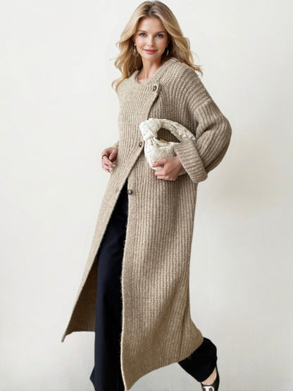 Long Ribbed Knit Cardigan with Asymmetrical Button Closure and Oversized Sleeves