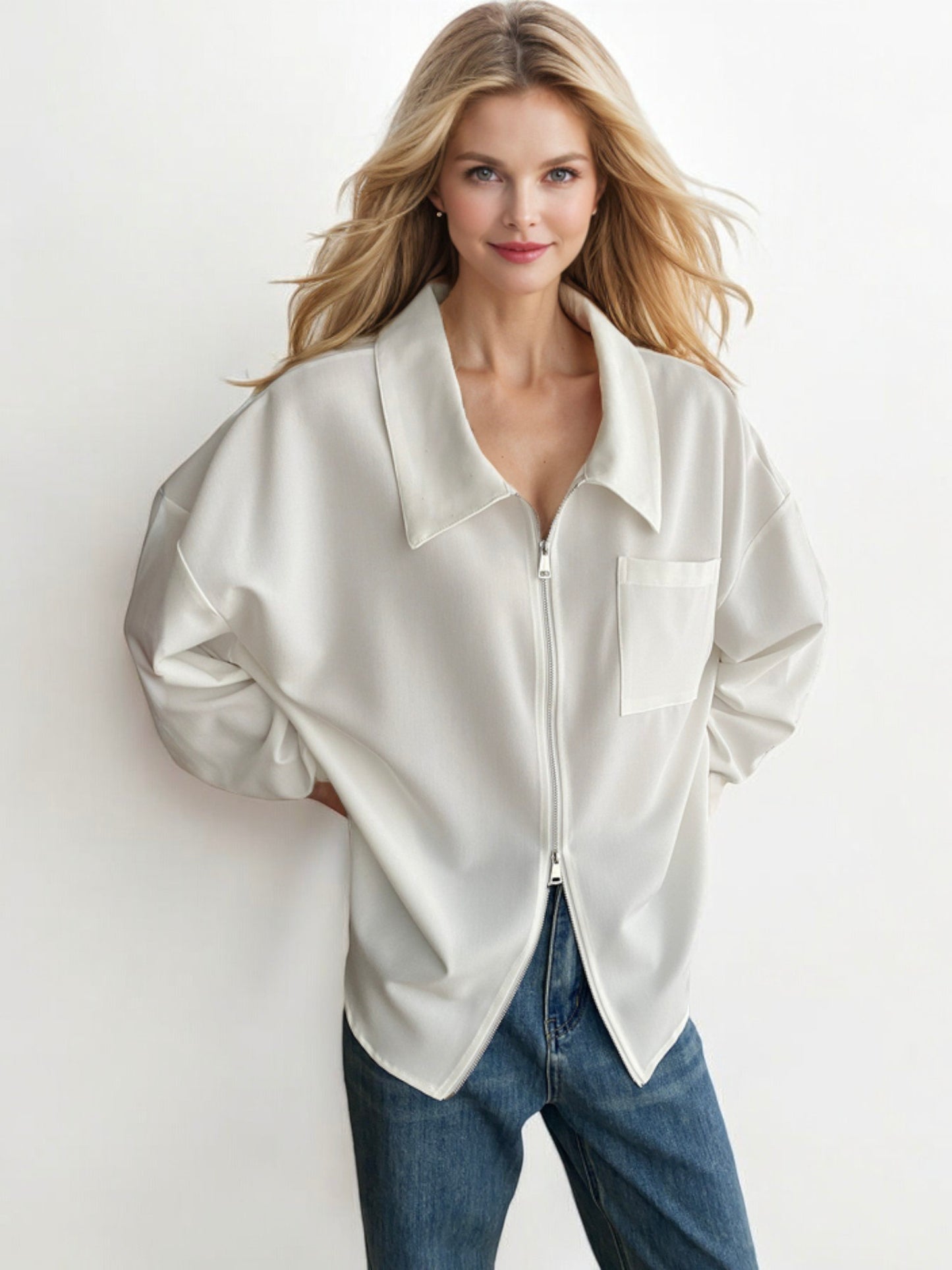 Oversized Zip-Up Collared Shirt with Front Pocket