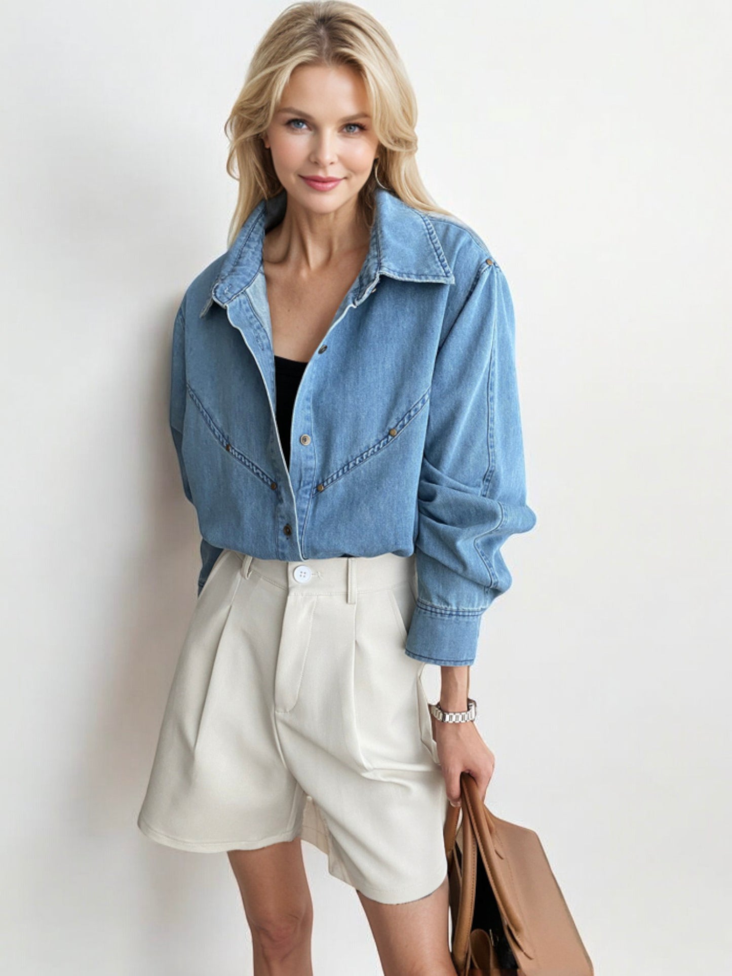 Oversized Denim Button-Down Shirt with Front Pockets