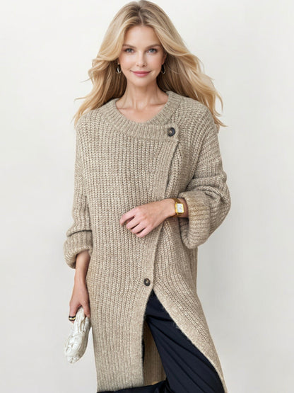 Long Ribbed Knit Cardigan with Asymmetrical Button Closure and Oversized Sleeves