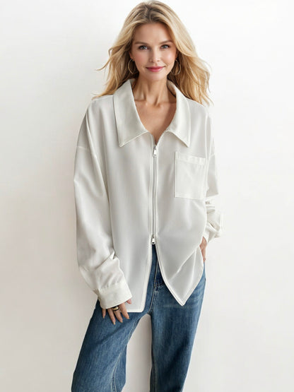 Oversized Zip-Up Collared Shirt with Front Pocket