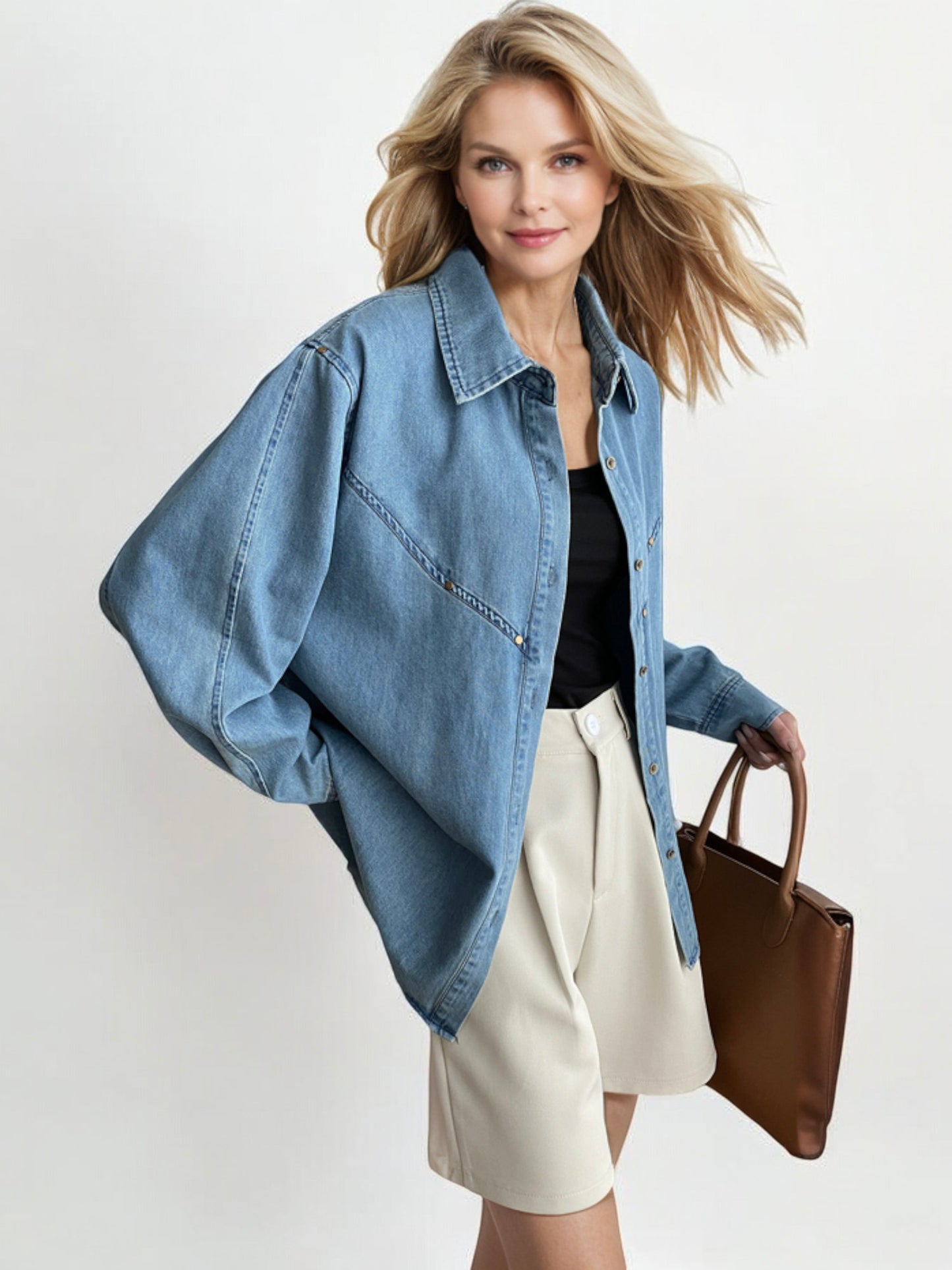 Oversized Denim Button-Down Shirt with Front Pockets