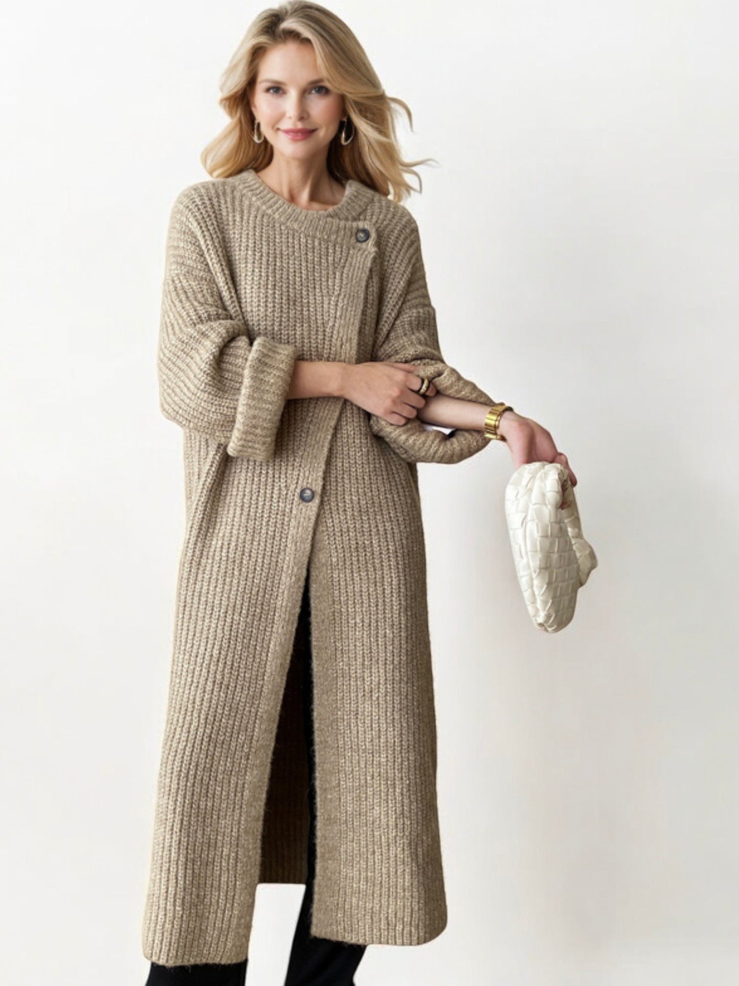 Long Ribbed Knit Cardigan with Asymmetrical Button Closure and Oversized Sleeves