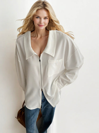 Oversized Zip-Up Collared Shirt with Front Pocket