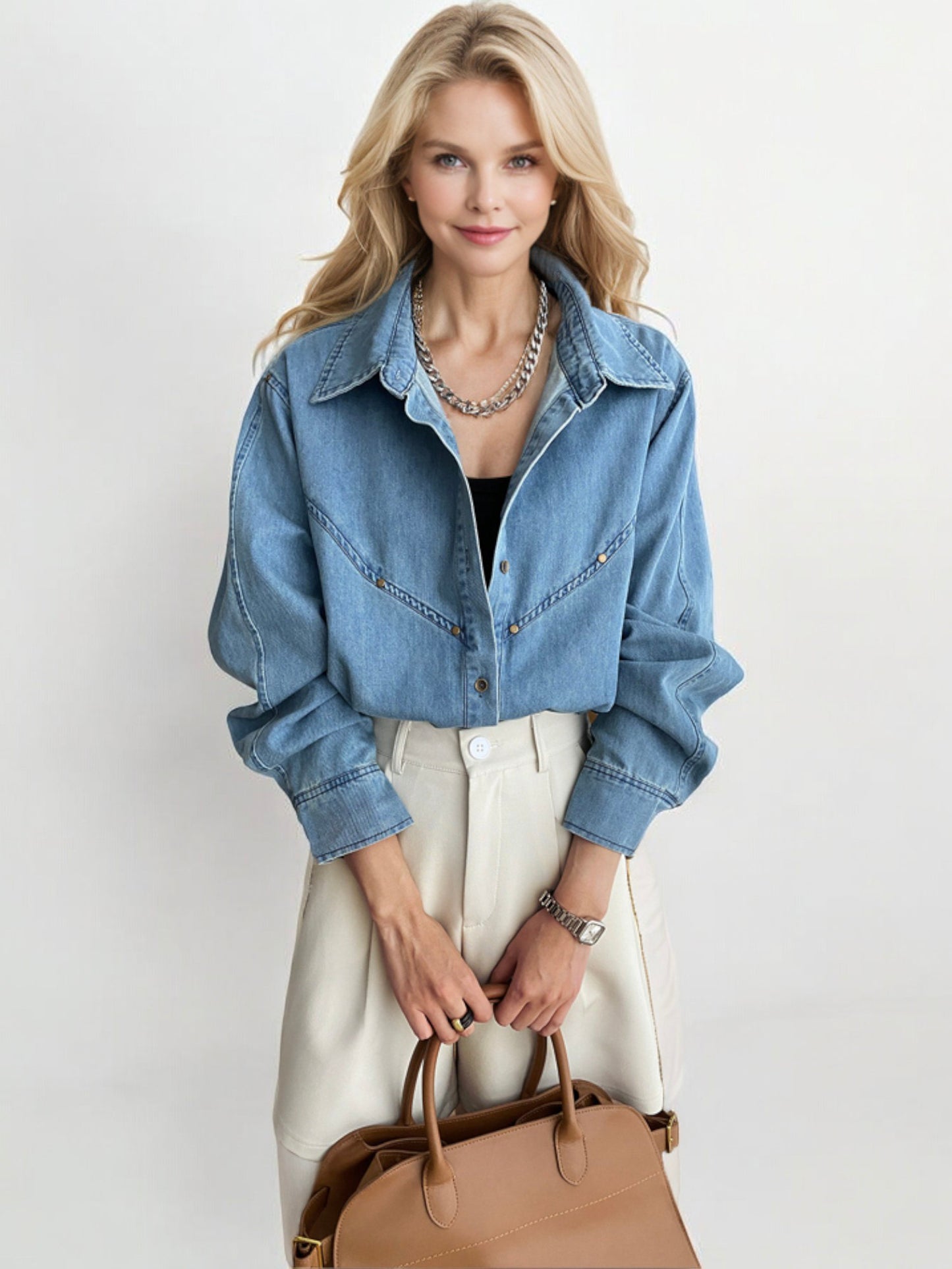 Oversized Denim Button-Down Shirt with Front Pockets