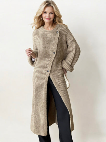 Long Ribbed Knit Cardigan with Asymmetrical Button Closure and Oversized Sleeves