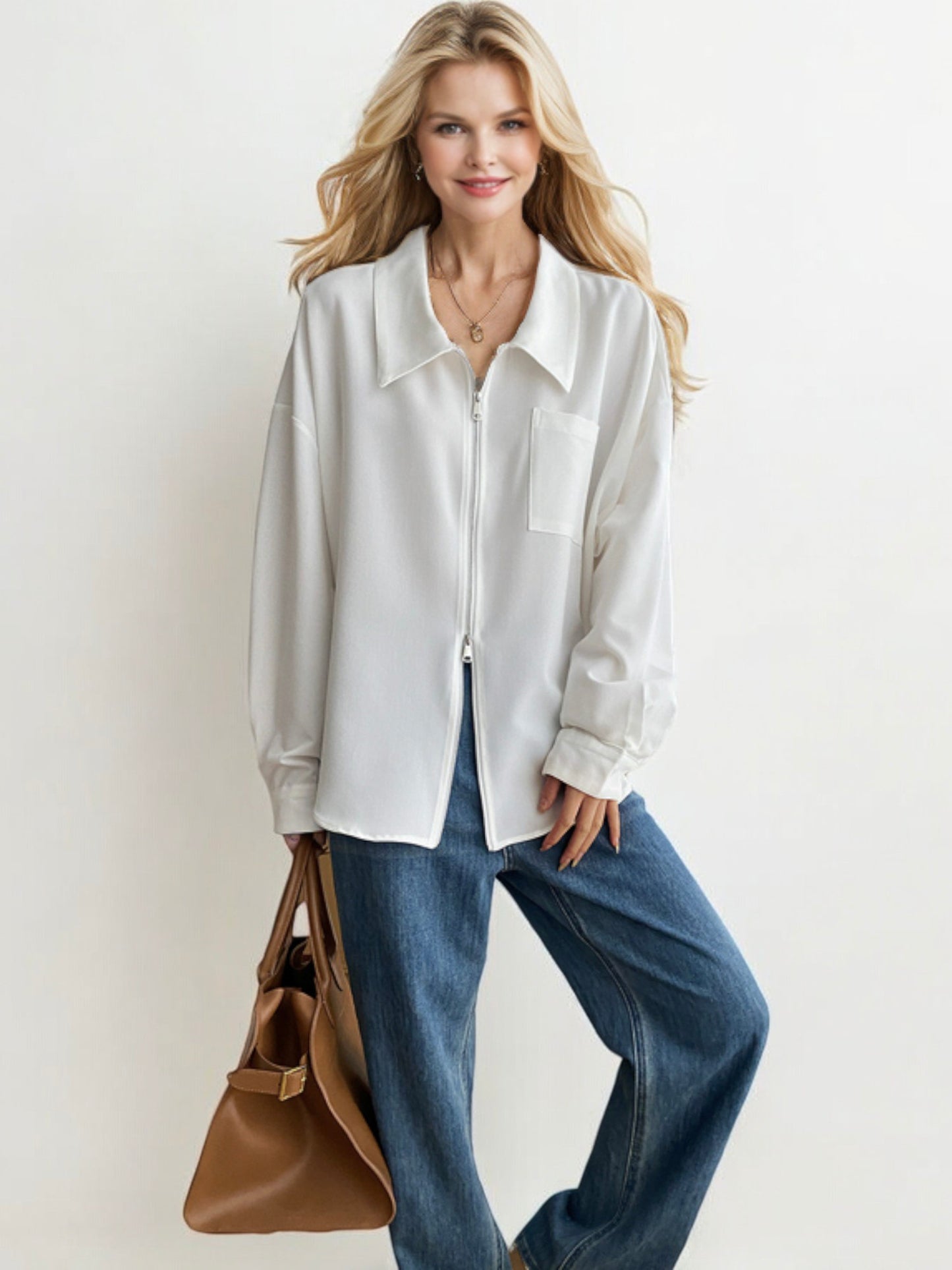 Oversized Zip-Up Collared Shirt with Front Pocket