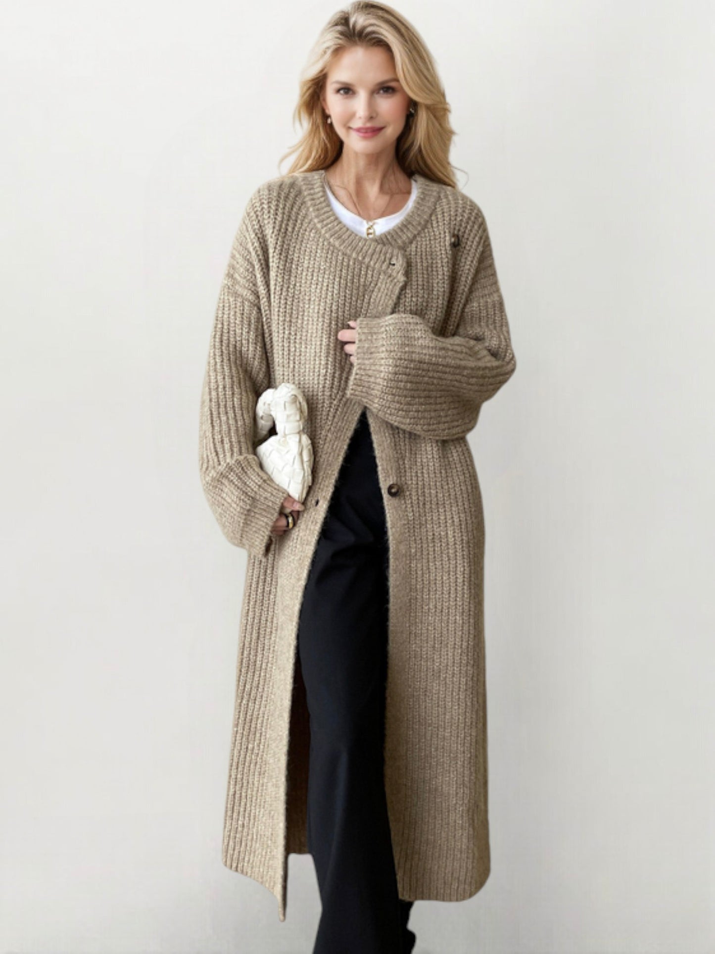 Long Ribbed Knit Cardigan with Asymmetrical Button Closure and Oversized Sleeves