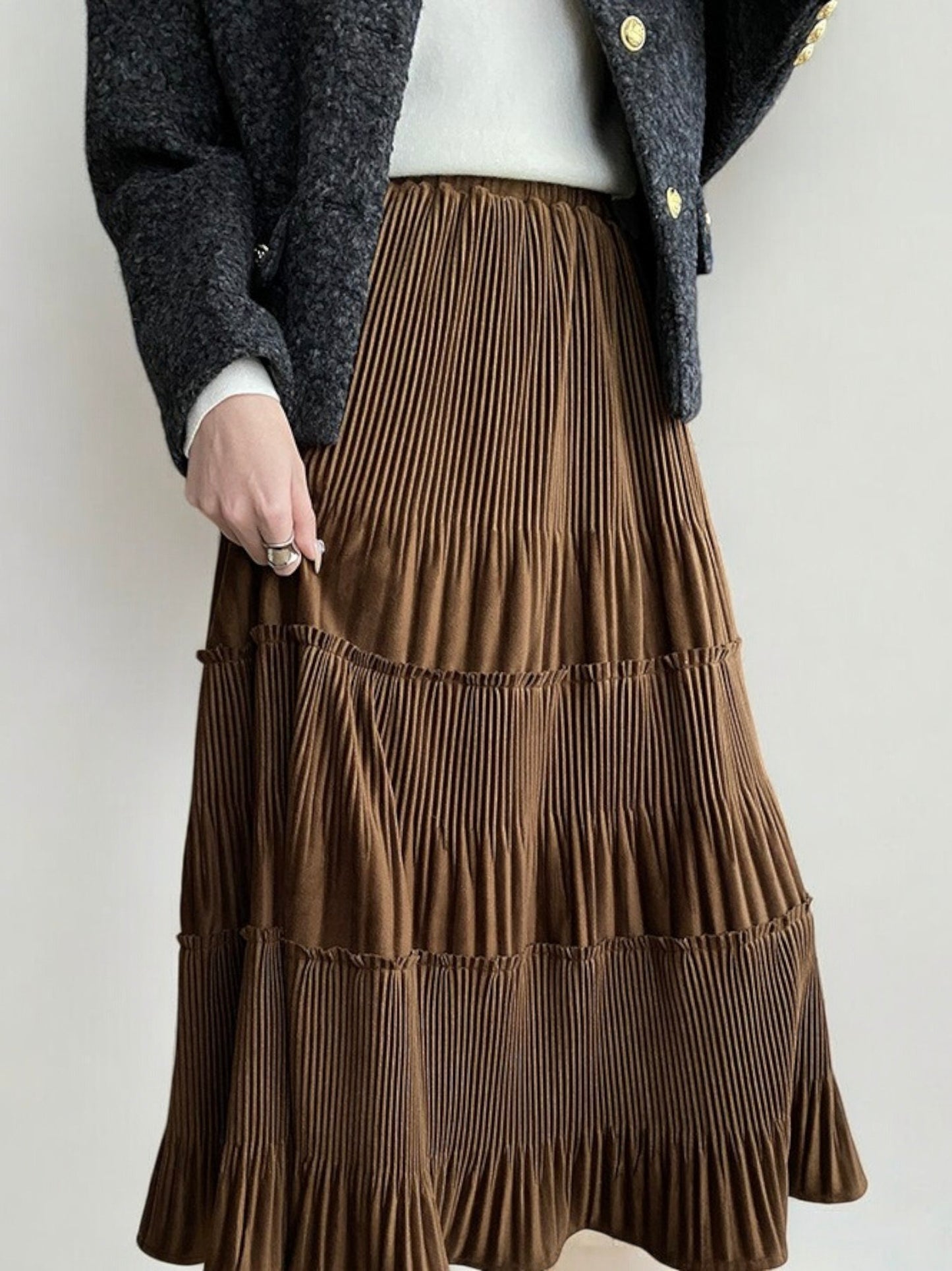 Tiered Pleated Midi Skirt with Elastic Waist and Flounce Hem